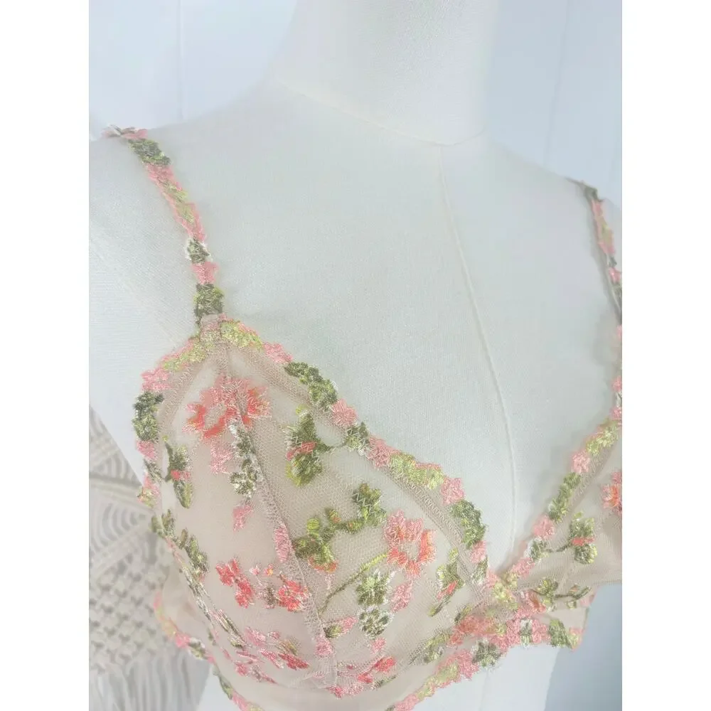 Aerie Mesh Embroidered Floral Bra Medium Coquette Festival Bralette Fairy